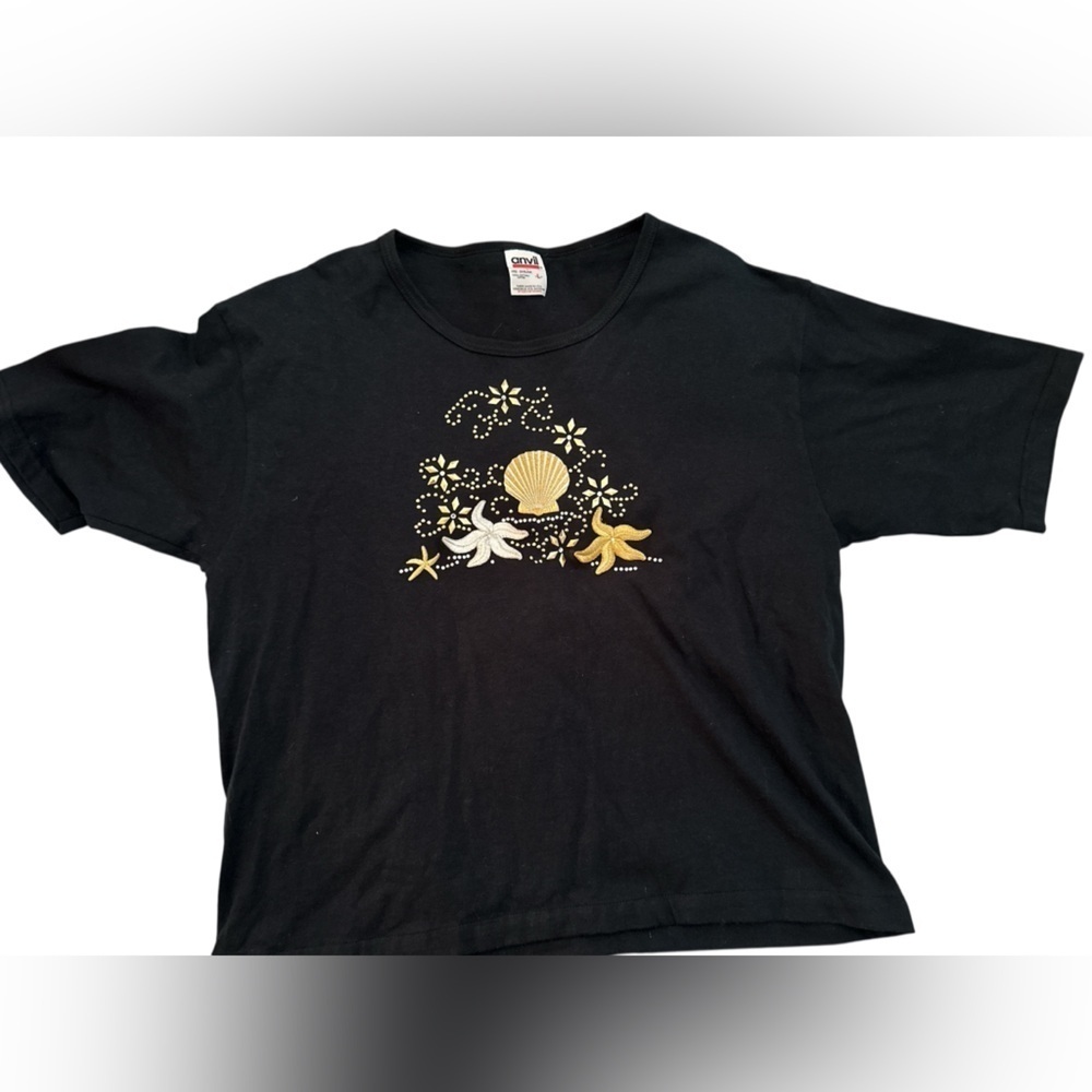 Vintage Anvil Black Tee Gold Shell Embroidery